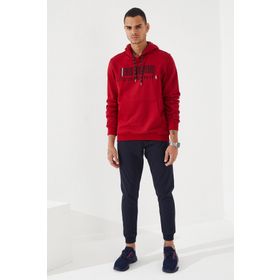 Tommy Life 87839 Kırmızı Erkek Nakışlı Kanguru Cep Standart Kalıp Kapüşonlu Sweatshirt