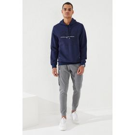 Tommy Life 87887 İndigo Yazı Nakışlı Standart Kalıp Kapüşonlu Erkek Sweatshirt