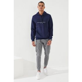 Tommy Life 87887 İndigo Yazı Nakışlı Standart Kalıp Kapüşonlu Erkek Sweatshirt