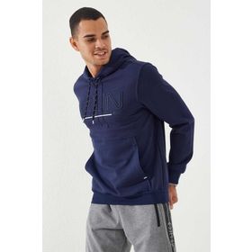 Tommy Life 87887 İndigo Yazı Nakışlı Standart Kalıp Kapüşonlu Erkek Sweatshirt