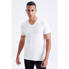 Tommy Life 87912 Basic Kısa Kol Standart Kalıp V Yaka Ekru Erkek T-Shirt