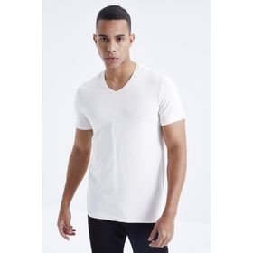 Tommy Life 87912 Basic Kısa Kol Standart Kalıp V Yaka Ekru Erkek T-Shirt