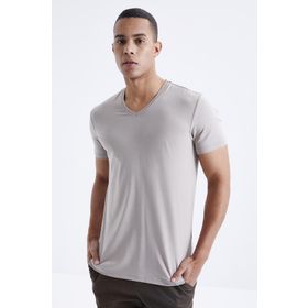 Tommy Life 87912 Basic Kısa Kol Standart Kalıp V Yaka Koyu Bej Erkek T-Shirt