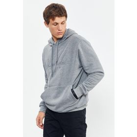 Tommy Life 88007 Gri Melanj Erkek El Yazısı Nakışlı Kapüşonlu Rahat Form Sweatshirt