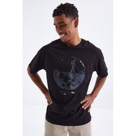 Tommy Life 88098 Baskılı O Yaka Erkek Siyah Oversize T-Shirt
