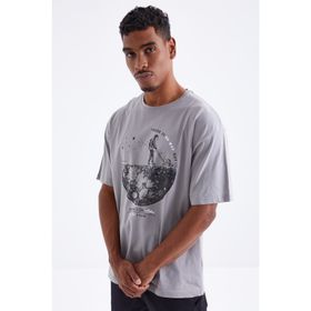 Tommy Life 88098 Baskılı O Yaka Gri Erkek Oversize T-Shirt