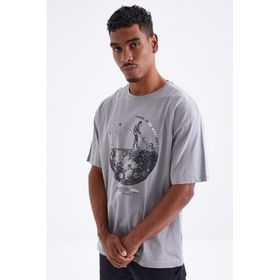 Tommy Life 88098 Baskılı O Yaka Gri Erkek Oversize T-Shirt