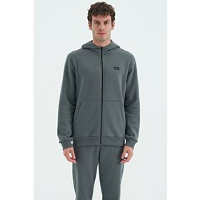 Tommy Life 88139 Haki Fermuarlı Kapüşonlu Cep Detaylı Şardonlu Rahat Kalıp Erkek Sweatshirt