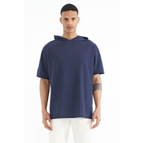 Tommy Life 88179 İndigo Kapüşonlu Kol Etiket Detaylı Oversize Erkek T-Shirt