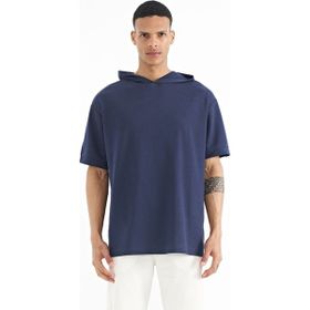 Tommy Life 88179 İndigo Kapüşonlu Kol Etiket Detaylı Oversize Erkek T-Shirt