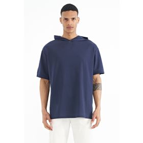Tommy Life 88179 İndigo Kapüşonlu Kol Etiket Detaylı Oversize Erkek T-Shirt