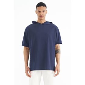 Tommy Life 88179 İndigo Kapüşonlu Kol Etiket Detaylı Oversize Erkek T-Shirt