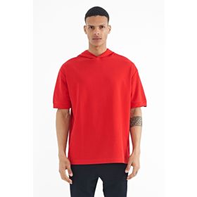 Tommy Life 88179 Kırmızı Kapüşonlu Kol Etiket Detaylı Oversize Erkek T-shirt