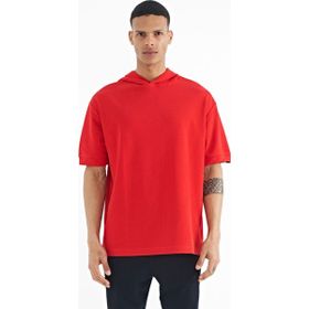 Tommy Life 88179 Kırmızı Kapüşonlu Kol Etiket Detaylı Oversize Erkek T-shirt