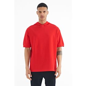 Tommy Life 88179 Kırmızı Kapüşonlu Kol Etiket Detaylı Oversize Erkek T-shirt