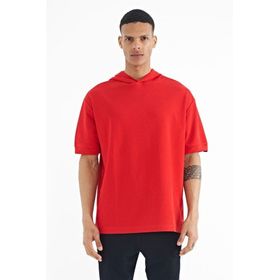 Tommy Life 88179 Kırmızı Kapüşonlu Kol Etiket Detaylı Oversize Erkek T-shirt