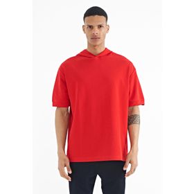Tommy Life 88179 Kırmızı Kapüşonlu Kol Etiket Detaylı Oversize Erkek T-shirt