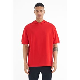 Tommy Life 88179 Kırmızı Kapüşonlu Kol Etiket Detaylı Oversize Erkek T-shirt