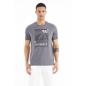 Tommy Life 88190 Koyu Gri Slogan Baskılı O Yaka Standart Kalıp Erkek T-shirt