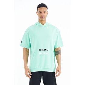 Tommy Life 88195 Su Yeşili Kanguru Cepli Yazı Nakışlı Kapüşonlu Erkek T-Shirt