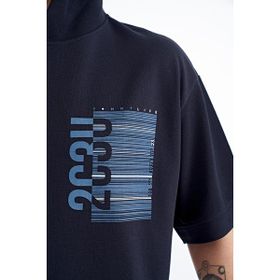 Tommy Life 88196 Lacivert Kapüşonlu Baskılı Kanguru Cepli Oversize Erkek T-shirt