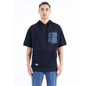 Tommy Life 88196 Lacivert Kapüşonlu Baskılı Kanguru Cepli Oversize Erkek T-shirt