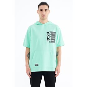 Tommy Life 88196 Su Yeşili Kapüşonlu Baskılı Kanguru Cepli Oversize Erkek T-shirt