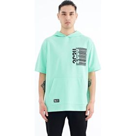 Tommy Life 88196 Su Yeşili Kapüşonlu Baskılı Kanguru Cepli Oversize Erkek T-shirt