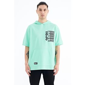 Tommy Life 88196 Su Yeşili Kapüşonlu Baskılı Kanguru Cepli Oversize Erkek T-shirt