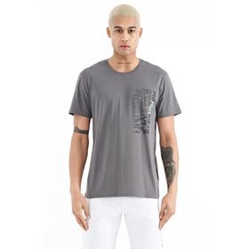 Tommy Life 88208 Koyu Gri Minimal Yazı Baskılı O Yaka Standart Kalıp Erkek T-Shirt
