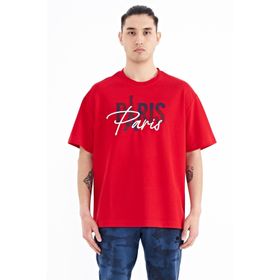 Tommy Life 88223 Kırmızı Yazı Nakışlı O Yaka Oversize Erkek T-shirt