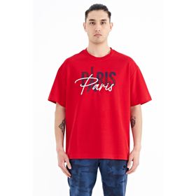 Tommy Life 88223 Kırmızı Yazı Nakışlı O Yaka Oversize Erkek T-shirt