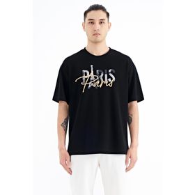 Tommy Life 88223 Siyah Yazı Nakışlı O Yaka Oversize Erkek T-shirt