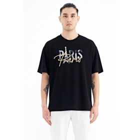 Tommy Life 88223 Siyah Yazı Nakışlı O Yaka Oversize Erkek T-shirt