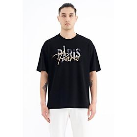 Tommy Life 88223 Siyah Yazı Nakışlı O Yaka Oversize Erkek T-shirt