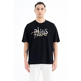 Tommy Life 88223 Siyah Yazı Nakışlı O Yaka Oversize Erkek T-shirt