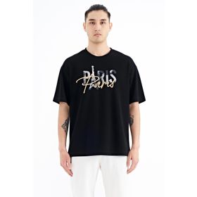 Tommy Life 88223 Siyah Yazı Nakışlı O Yaka Oversize Erkek T-shirt