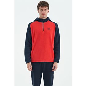 Tommy Life 88300 Kırmızı Fiesta Yarım Fermuarlı Kapüşonlu Renk Bloklu Standart Kalıp Polar Erkek Sweatshirt
