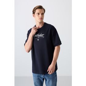 Tommy Life 88320 Lacivert Pamuklu Kalın Yumuşak Dokulu Oversize Fit Baskılı Erkek T-Shirt