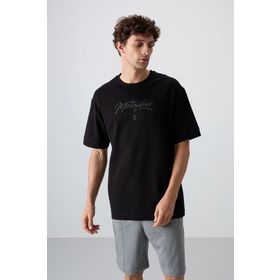 Tommy Life 88320 Siyah Pamuklu Kalın Yumuşak Dokulu Oversize Fit Baskılı Erkek T-Shirt