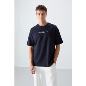 Tommy Life 88321 Lacivert Pamuklu Kalın Yumuşak Dokulu Oversize Fit Baskılı Erkek T-Shirt