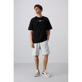 Tommy Life 88321 Siyah Beyaz Pamuklu Kalın Yumuşak Dokulu Oversize Fit Baskılı Erkek T-Shirt