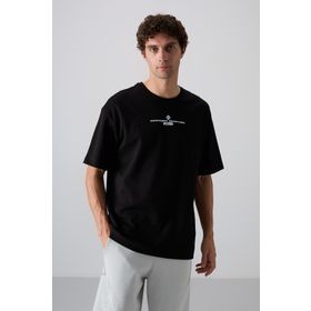 Tommy Life 88321 Siyah Beyaz Pamuklu Kalın Yumuşak Dokulu Oversize Fit Baskılı Erkek T-Shirt