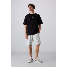Tommy Life 88321 Siyah Beyaz Pamuklu Kalın Yumuşak Dokulu Oversize Fit Baskılı Erkek T-Shirt