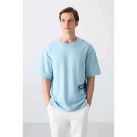 Tommy Life 88322 Açık Mavi Pamuklu Kalın Yumuşak Dokulu Oversize Fit Baskılı Erkek T-Shirt