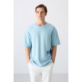 Tommy Life 88322 Açık Mavi Pamuklu Kalın Yumuşak Dokulu Oversize Fit Baskılı Erkek T-Shirt