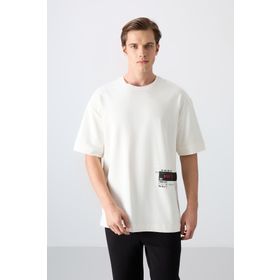Tommy Life 88322 Ekru Pamuklu Kalin Yumusak Dokulu Oversize Fit Baskili Erkek T-Shirt