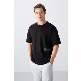 Tommy Life 88322 Siyah Pamuklu Kalin Yumusak Dokulu Oversize Fit Baskili Erkek T-Shirt