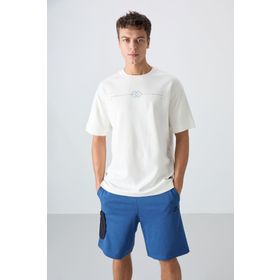 Tommy Life 88323 Ekru Pamuklu Kalın Yumuşak Dokulu Oversize Fit Baskılı Erkek T-Shirt