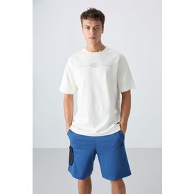 Tommy Life 88323 Ekru Pamuklu Kalın Yumuşak Dokulu Oversize Fit Baskılı Erkek T-Shirt